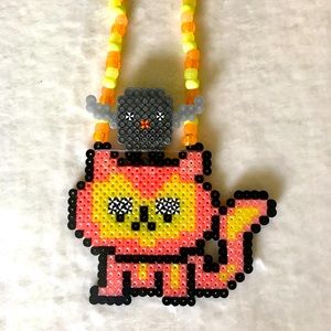 Handmade Kandi Necklace – Hazy Kitty & Owl Charm Duo | Cute Kawaii Beaded Rave F